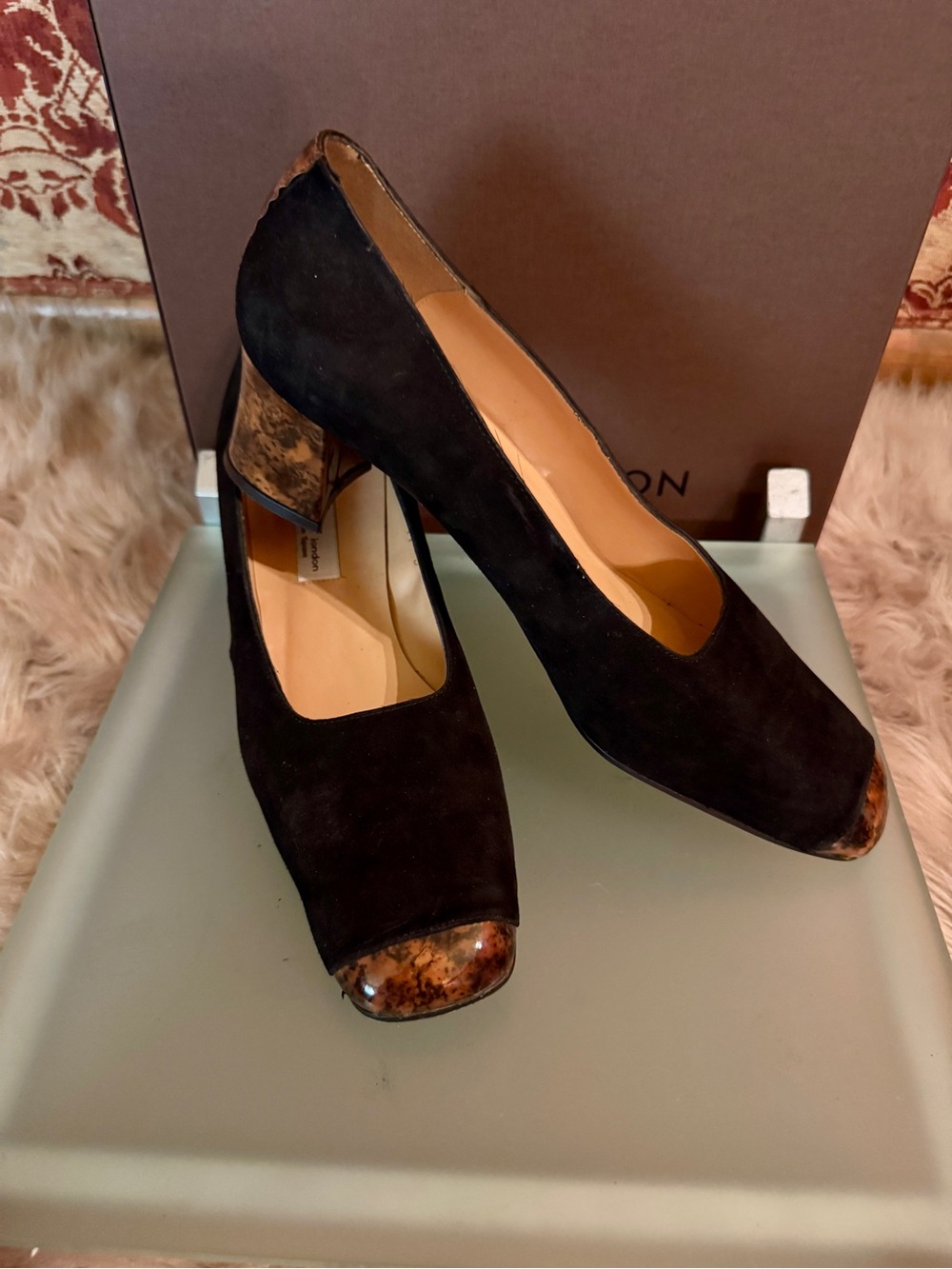 Sacha London Black Suede Heels with Marbled Brown Accents